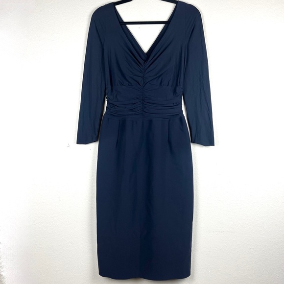 Chiara Boni La Petite Robe Navy Blue Ruched Cross-Front Jersey Pencil Midi Dress - Picture 4 of 7
